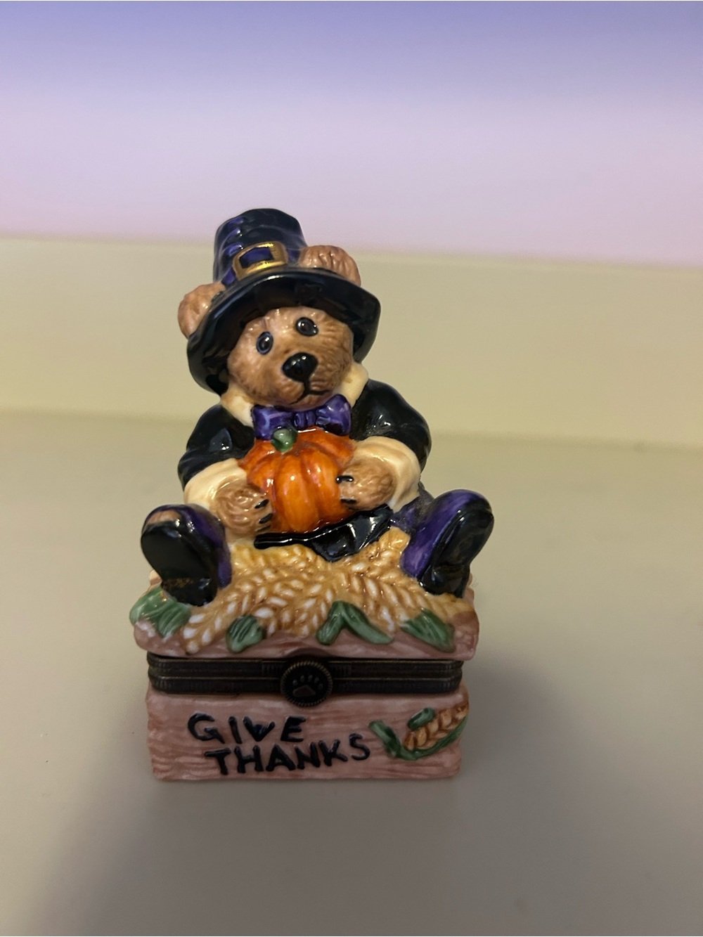 Thanksgiving Bear Trinket Box - Orange Pumpkin, Black & Purple Outfit